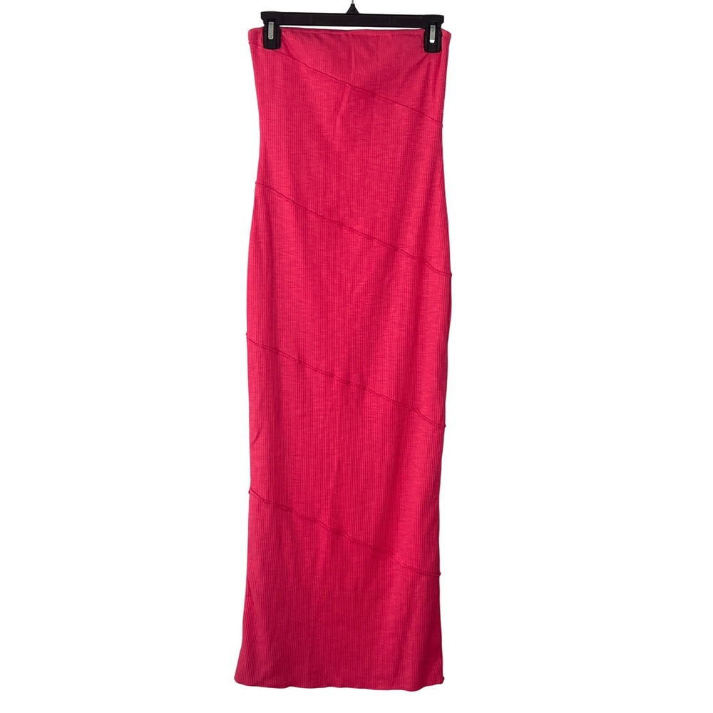 Prettygarden Strapless Bright‎ Pink Bodycon Midi Dress Chic Small Fitted Bold